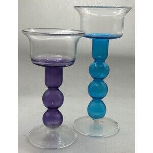 Glass Bubble Stem Candle Stick Holders (2) Purple Blue Delicate Glow Lite 5"& 6"